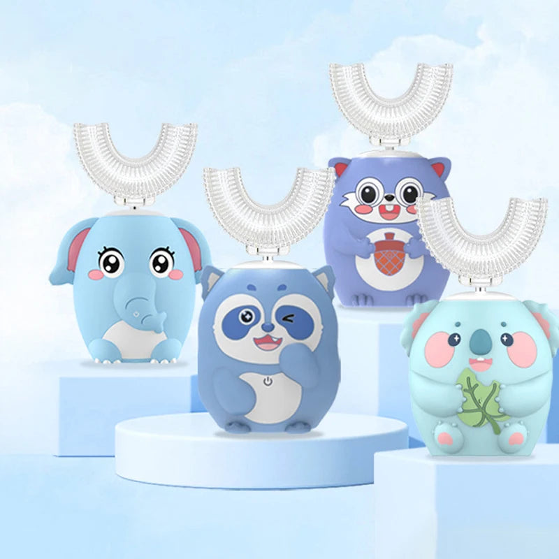 A set of four cute animal-themed U-shaped electric toothbrushes with timers and blue light in various pastel colors.