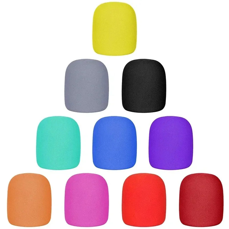 A multi-pack of microphone windscreen foam covers in various colors including yellow, gray, black, cyan, blue, purple, and re