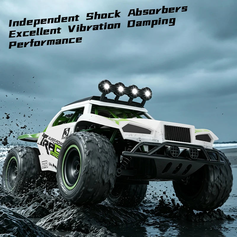 A white and green 1:18 scale off-road RC monster truck driving through water.
