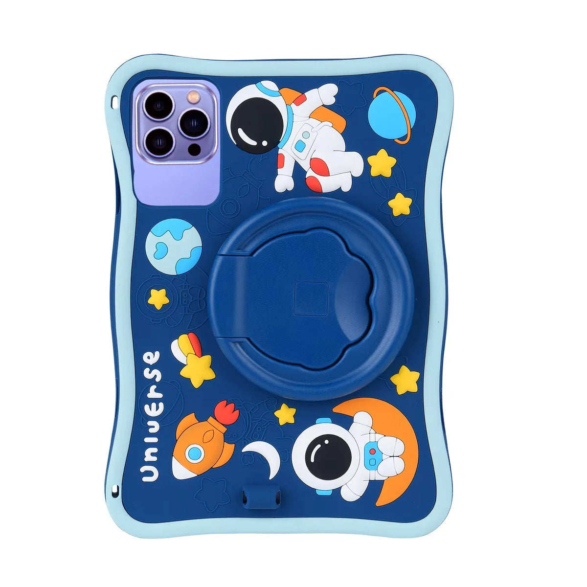 Blue silicone tablet case featuring space-themed graphics like astronauts and planets.