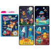 A set of colorful pages from a magic water coloring book featuring various characters and space scenes.