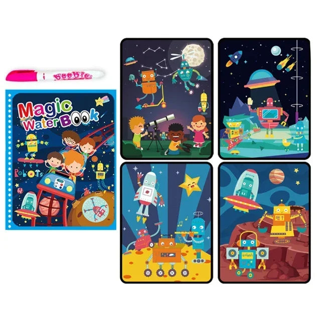 A set of colorful pages from a magic water coloring book featuring various characters and space scenes.