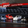 A collection of four 1:64 scale RC drift cars in various colors and finishes displayed on a dark surface.