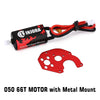 A black brushed motor with an orange wire and a red metal mount is shown.