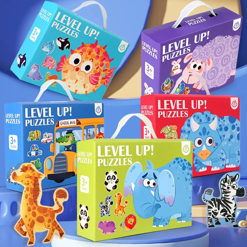 A collection of Level Up puzzles featuring various wooden animal figures in colorful boxes.