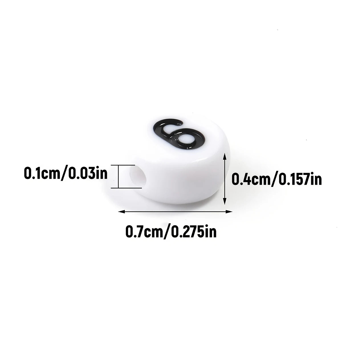 A white acrylic number bead with the number 6 engraved on it, shown with various size measurements.