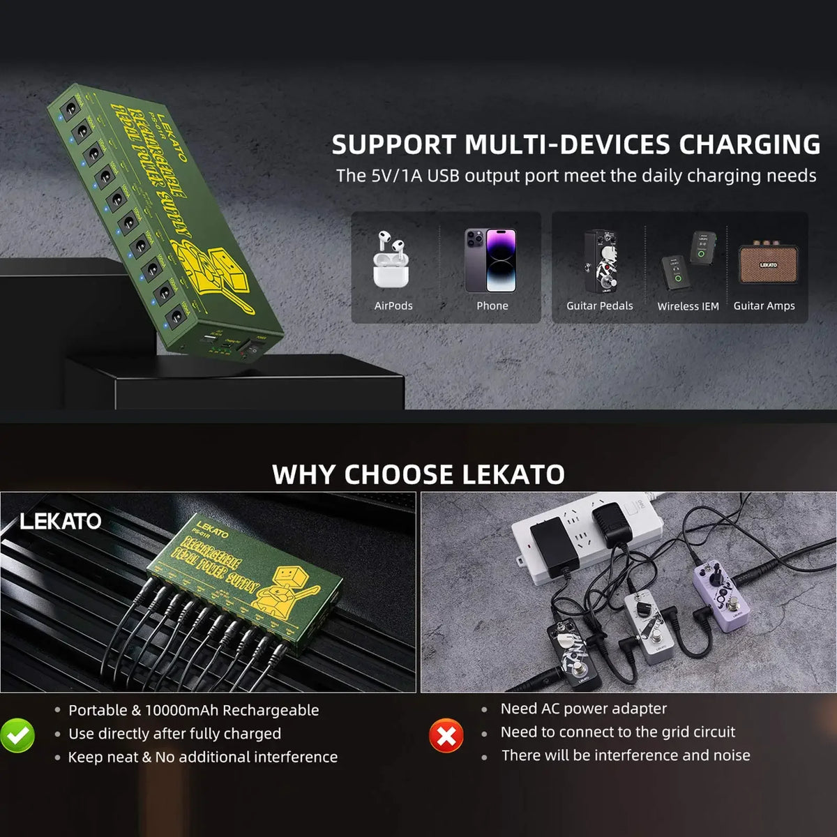 A green portable rechargeable guitar pedal power supply with multiple DC output ports shown on a dark surface.