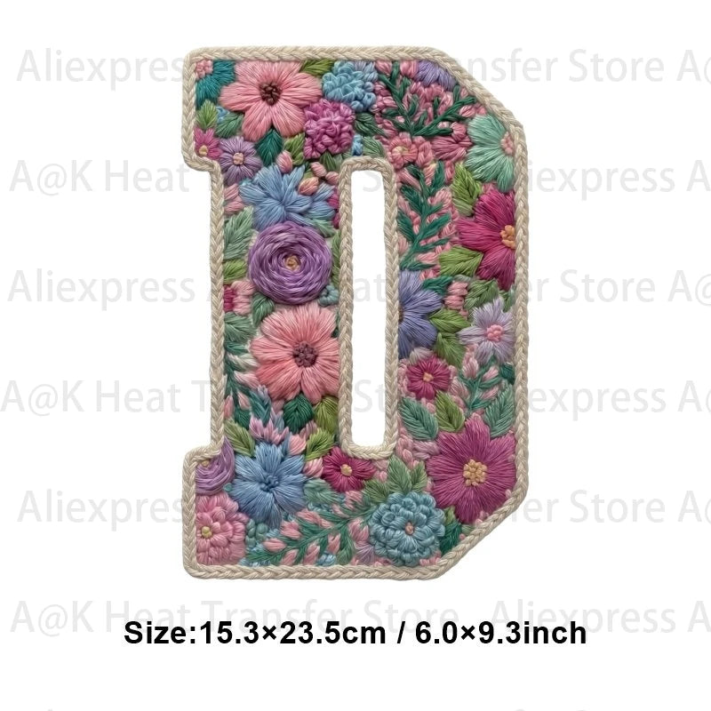 A floral letter D patch made of fabric for DIY clothing and accessories