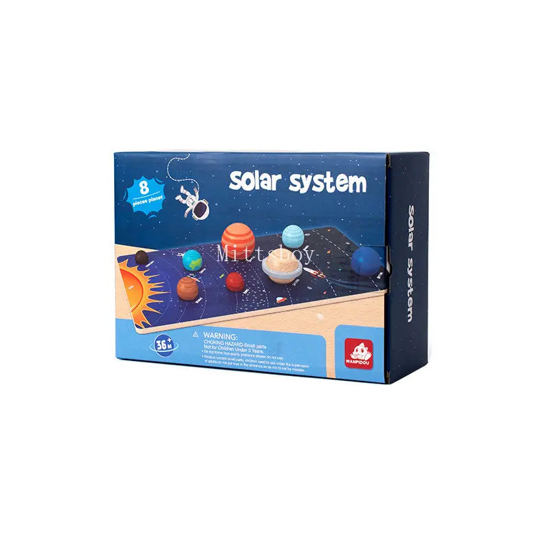A box containing a Montessori wooden solar system puzzle board for kids with planets and a sun.
