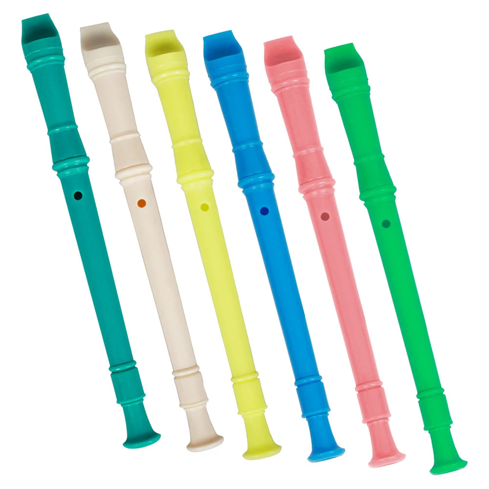 A collection of eight brightly colored 8-hole soprano recorders for kids and beginners.