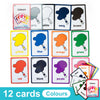 A set of twelve coloured flashcards featuring various fruit shapes and names for children's learning.