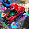 A red flying car stunt vehicle with glowing lights is shown in mid-air against a dark, fiery background.