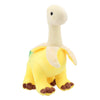 A yellow and beige plush toy of a Brontosaurus dinosaur with a long neck and small feet.
