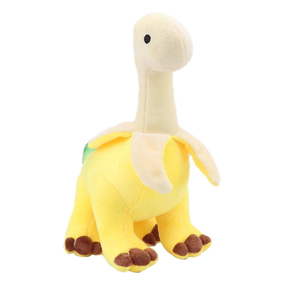 A yellow and beige plush toy of a Brontosaurus dinosaur with a long neck and small feet.