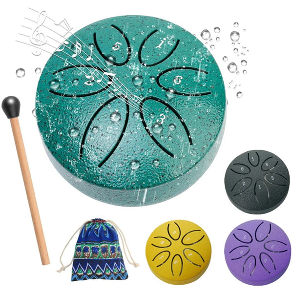 A handcrafted rain drum instrument shown with a green surface, a wooden mallet, and various colored silicone drum heads.