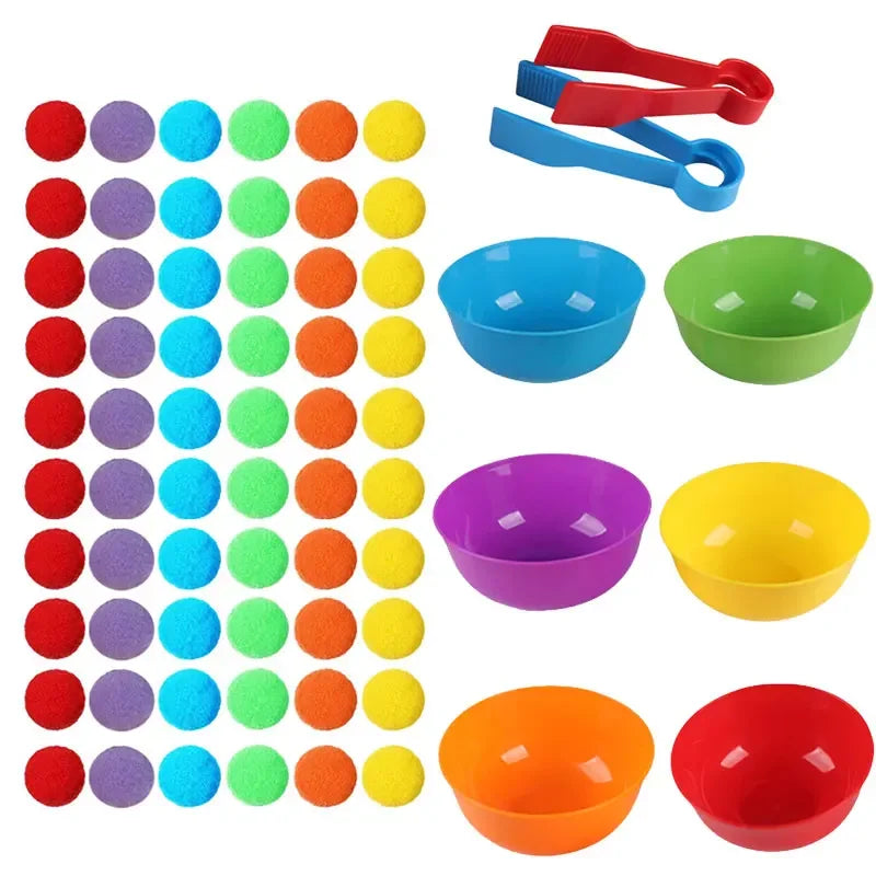 A set of colorful pom-poms in various colors and sizes for counting and sorting toddlers