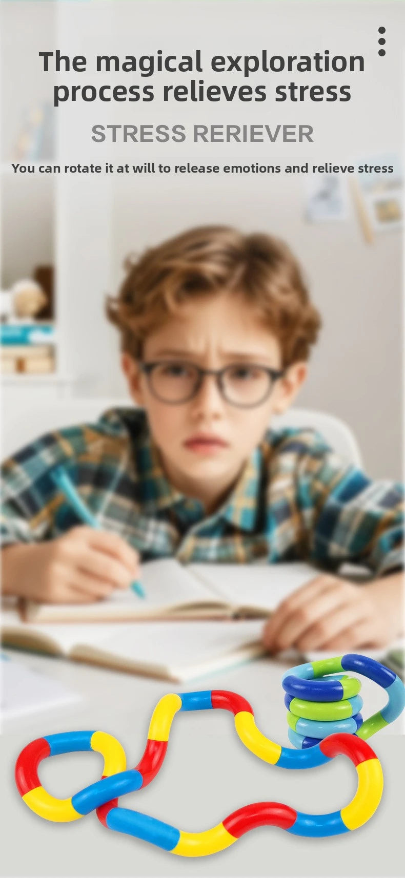 A child is using a colorful rope fidget toy to relieve stress and explore emotions.