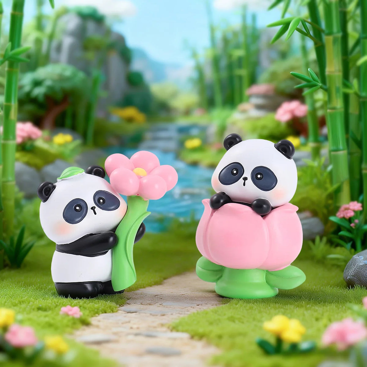 A cute panda blind box collectible figure in white and black sitting on a mossy green landscape with bamboo plants.