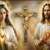 A religious artwork depicting Jesus and the Virgin Mary with a cross in the center.