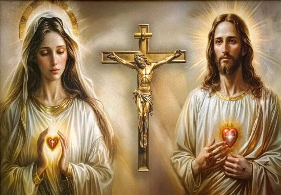 A religious artwork depicting Jesus and the Virgin Mary with a cross in the center.