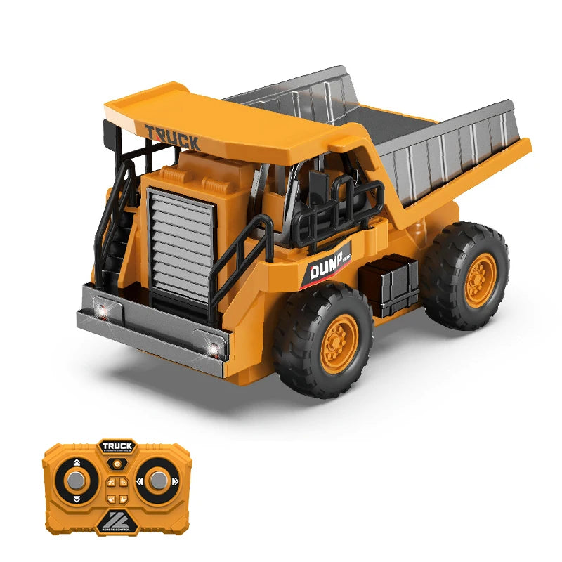 A yellow mini remote control truck excavator toy with a dump bed and detailed features.