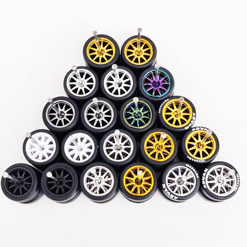 1/64 Scale Alloy Car Wheels with Rubber Tires - 10 Sets