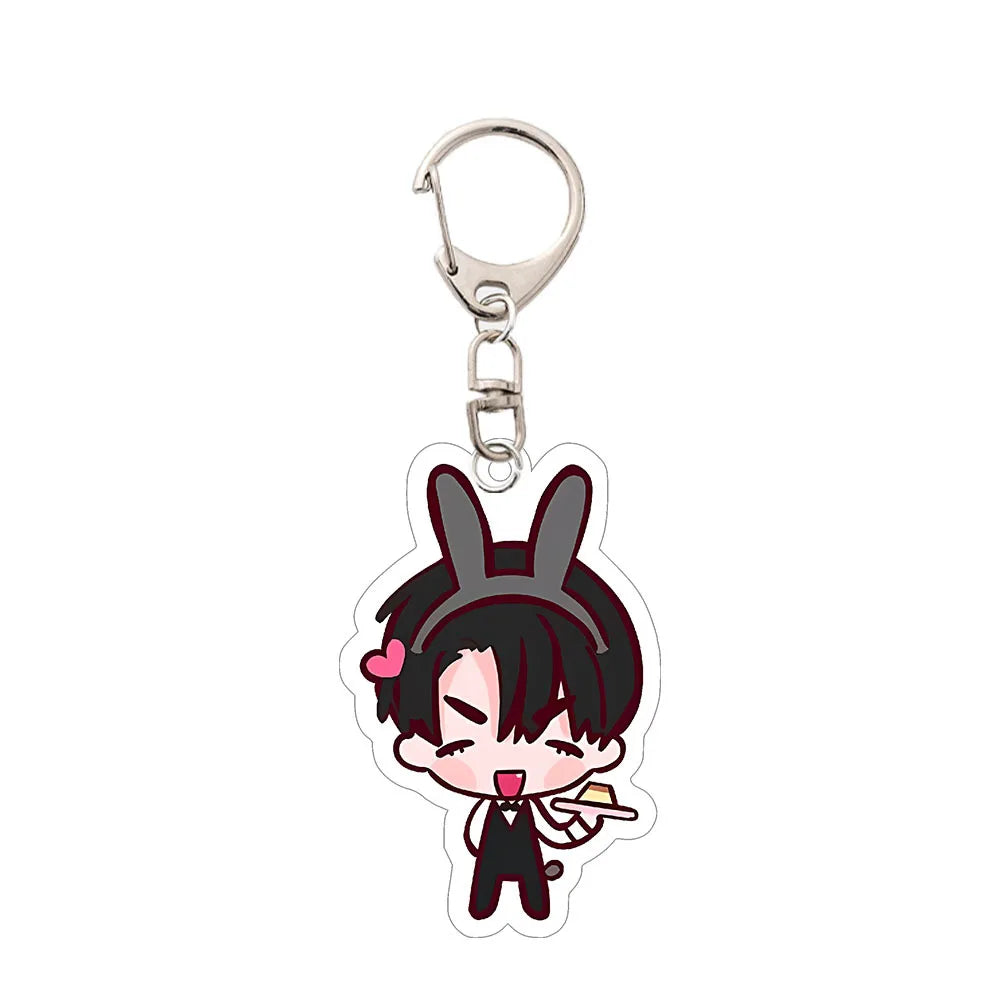 Acrylic keychain featuring a cute anime character with black hair and pink accents.