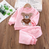 Pink kids winter fleece sweater set with a cartoon bear design for a child