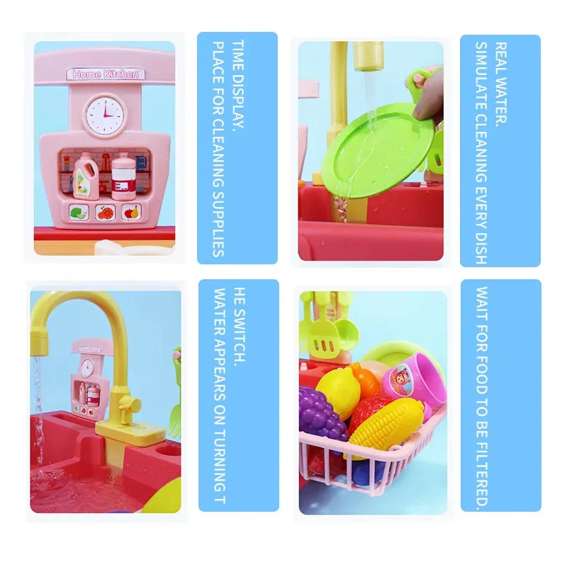 Electric kids kitchen sink toy with running water and play food set featuring a pink sink and various accessories.