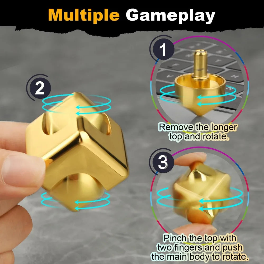 Cube tournant en alliage d'or manipulé par une main, montrant les étapes de rotation.