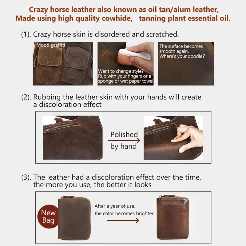 Instructions show how to treat and polish crazy horse leather bags for a discoloration effect.