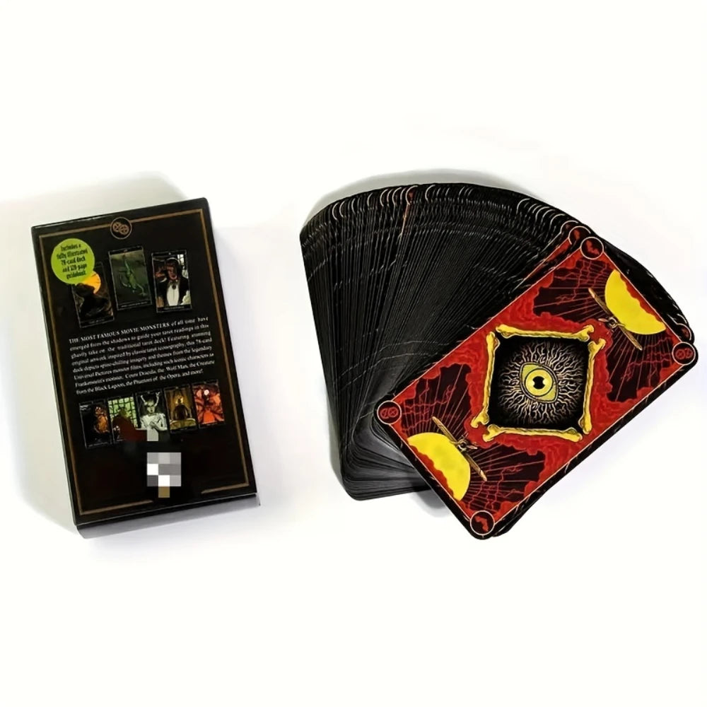 A deck of tarot cards featuring classic horror characters and a central eye design.