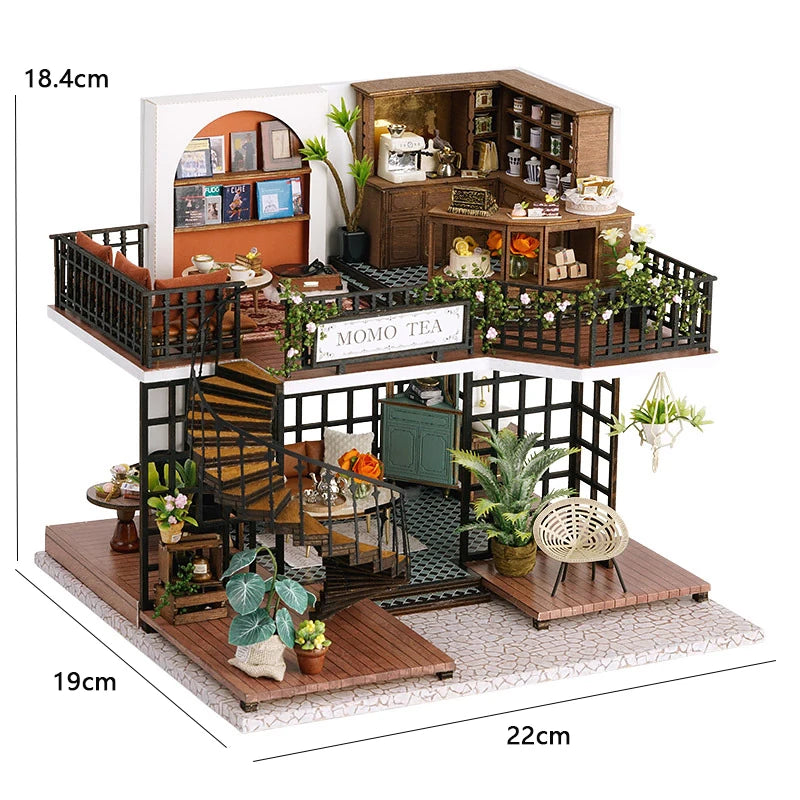 A wooden miniature dollhouse kit featuring furniture, warm lighting, and decorative elements.