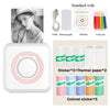 A set of pocket thermal printer accessories including a cable, thermal paper, gift box, color pens, and various colored stick