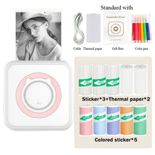 A set of pocket thermal printer accessories including a cable, thermal paper, gift box, color pens, and various colored stick