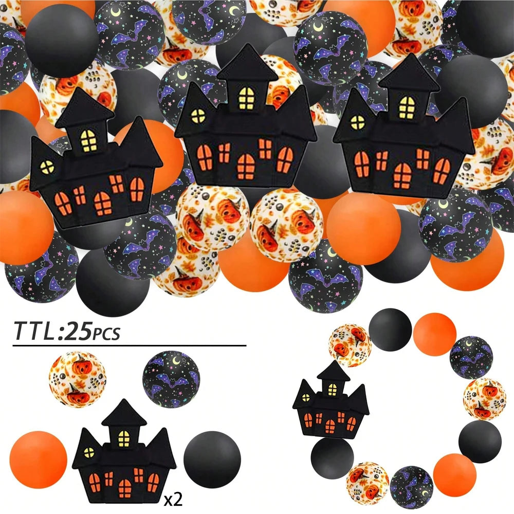 A set of 25 Halloween silicone beads featuring black and orange colors in various shapes for jewelry and crafting.