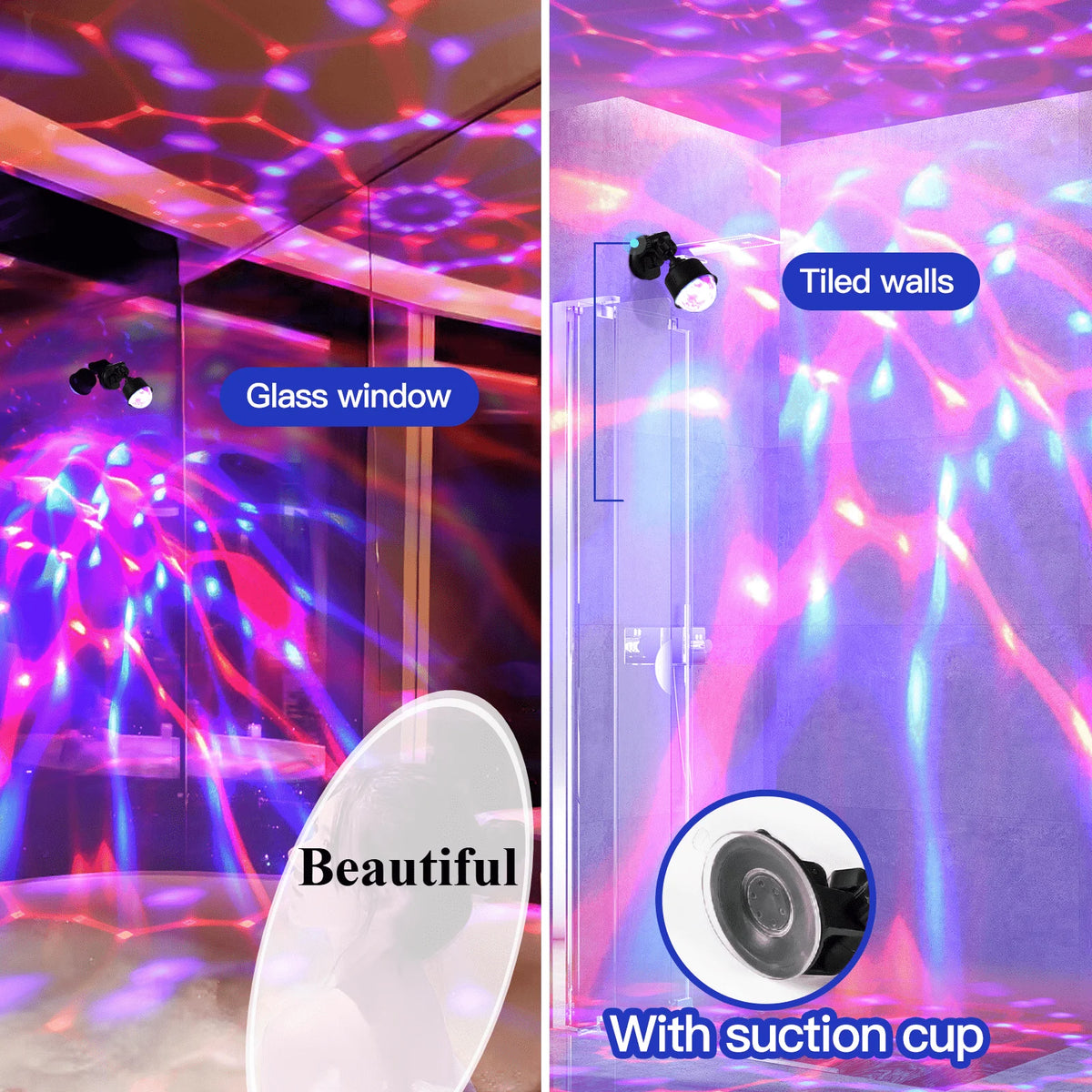 An RGB sound-activated disco ball light illuminating a room with vibrant pink and purple light patterns.