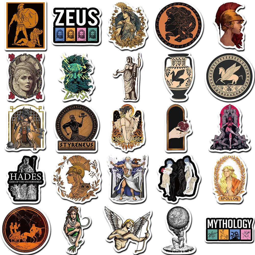 A collection of vintage Greek mythology aesthetic stickers featuring gods, figures, and symbols.