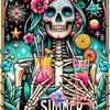 A vibrant diamond painting featuring a skull woman design surrounded by floral elements and celestial motifs.