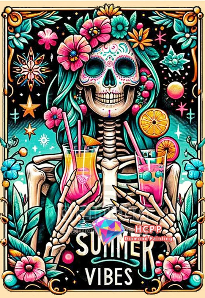 A vibrant diamond painting featuring a skull woman design surrounded by floral elements and celestial motifs.