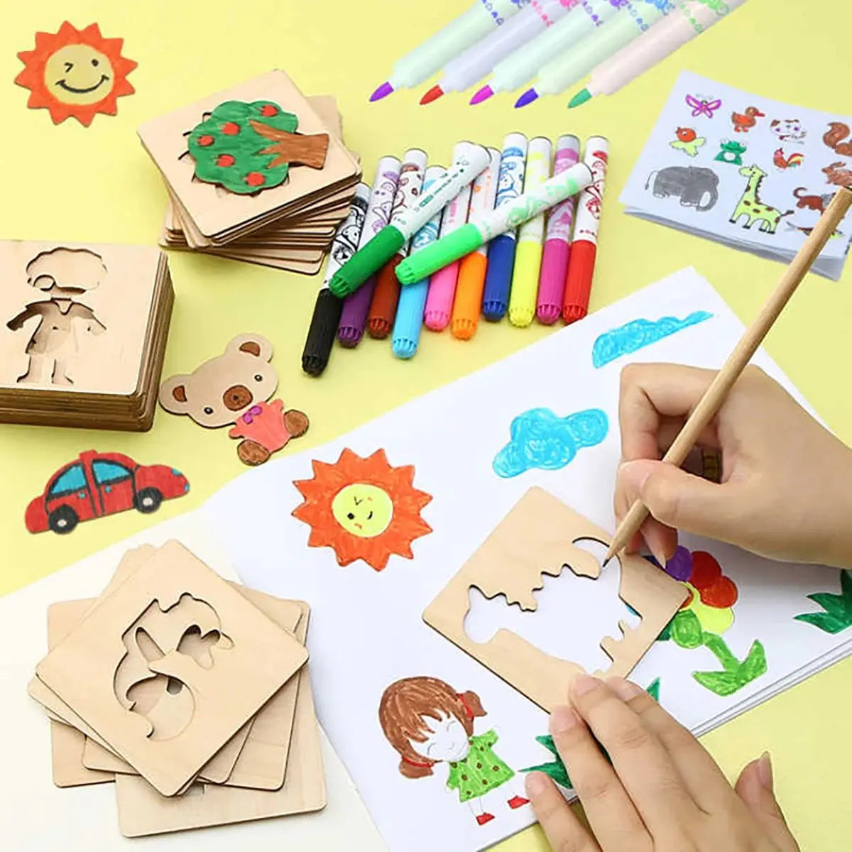 Montessori Wooden Drawing Stencils Set for Kids - 20pc Creative Painting Templates