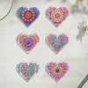 A set of six heart-shaped DIY mandala flower diamond art bookmarks in various shades of pink, blue, and purple on a white bac
