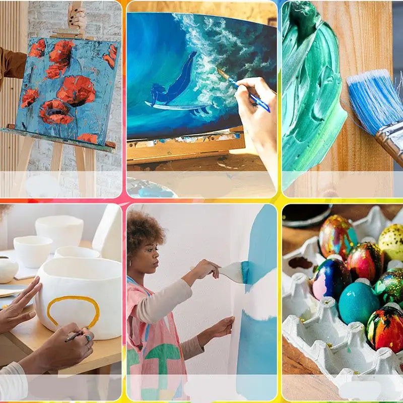 A collage showing various uses of a 24-color acrylic paint set including painting on canvas, fabric, and leather.