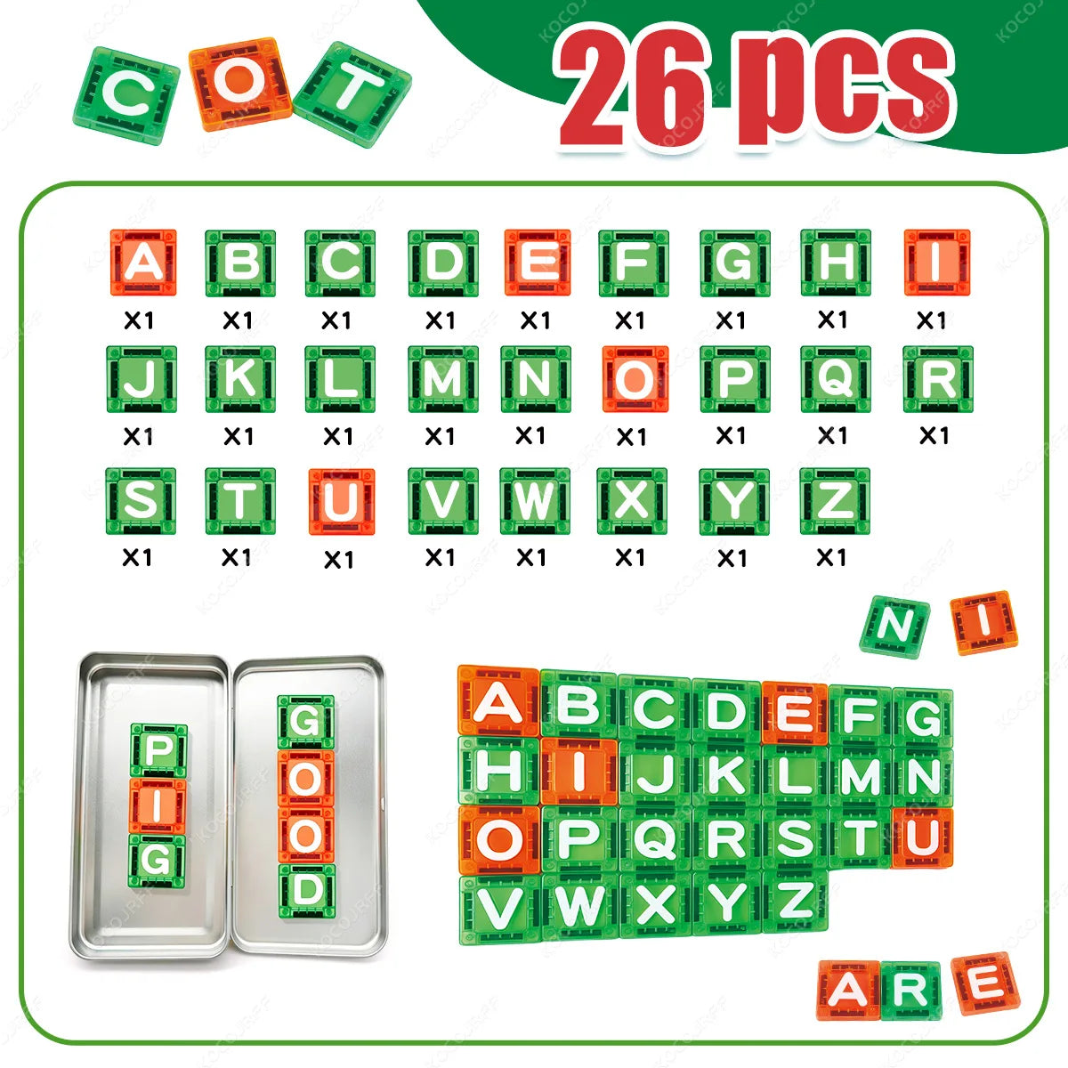 A set of 26 magnetic building blocks with uppercase letters A through Z and the word BIG