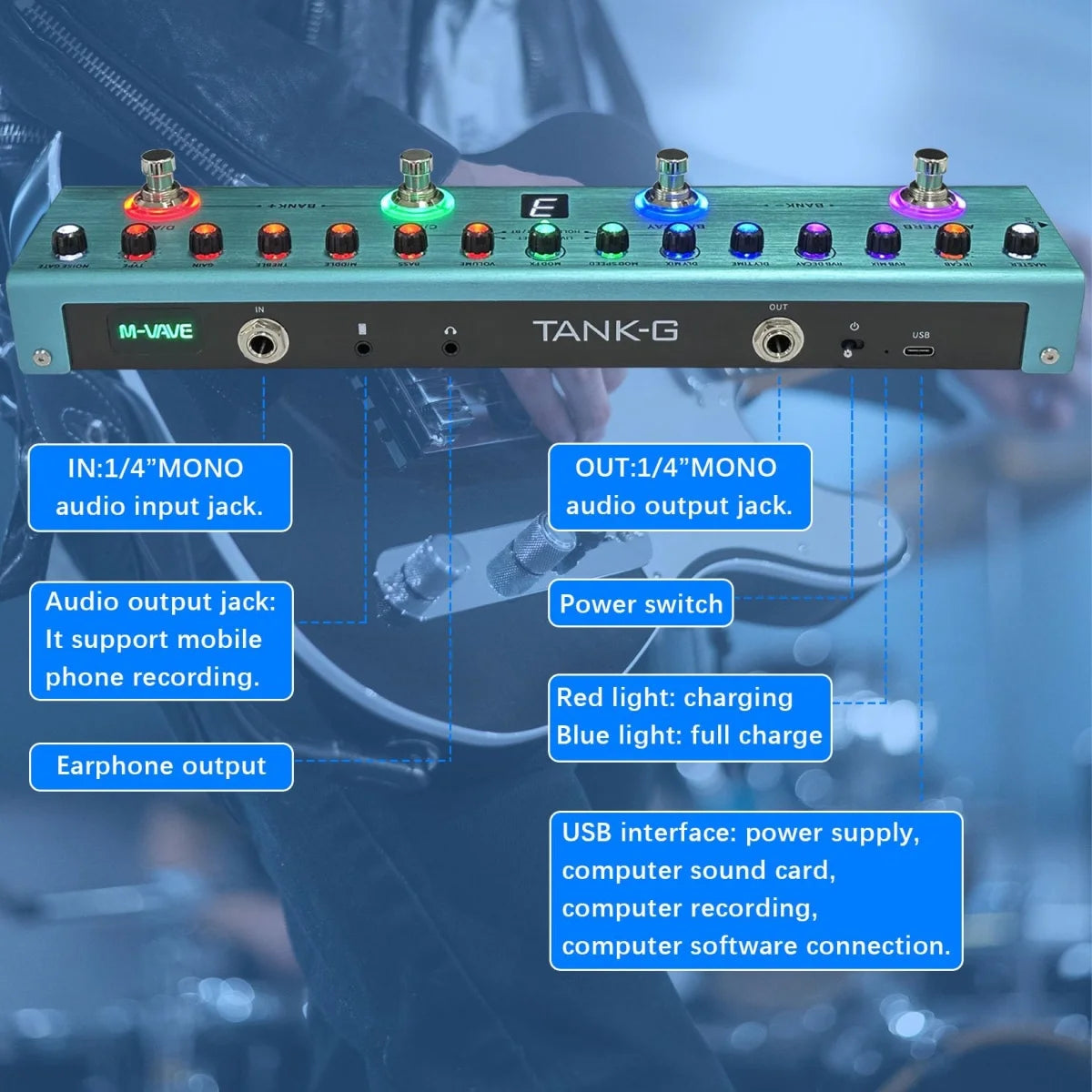 A close-up view of the Tank-G portable guitar multi-effects processor showing various audio inputs, outputs, and controls.