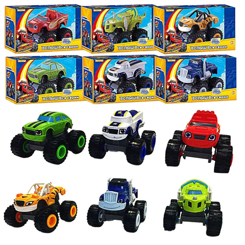 A collection of various monster truck toys, including a green vehicle, a blue truck, and an orange vehicle.