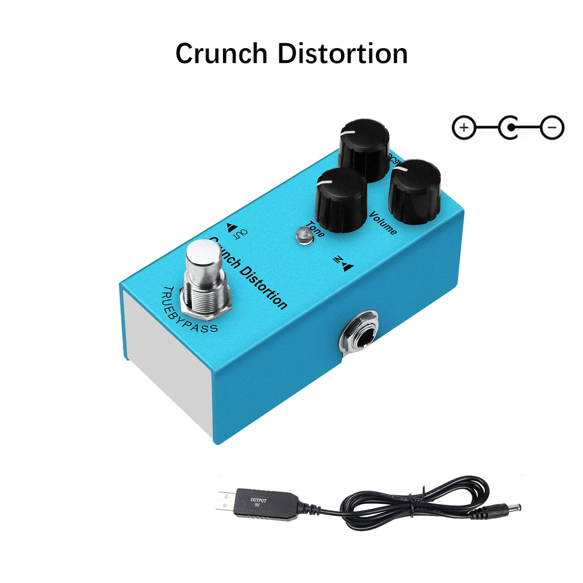 A blue guitar pedal labeled Crunch Distortion with knobs for Volume and Tone, shown next to a cable.