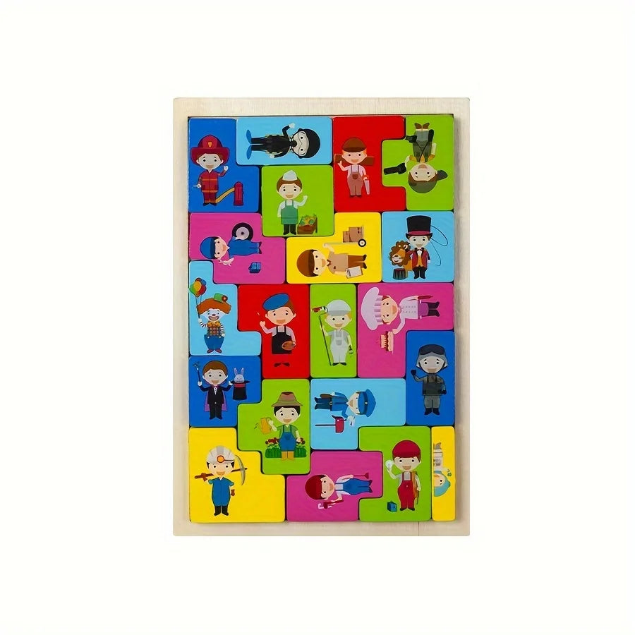 A wooden tangram puzzle set featuring various animals, vehicles, and sea life figures.