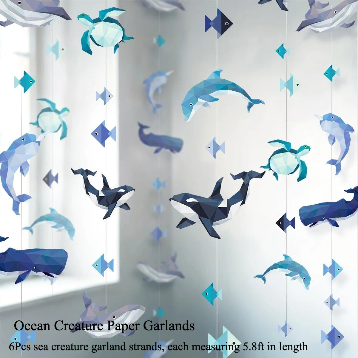 A set of geometric shark paper garlands and strands for a birthday banner decoration
