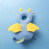 A soft blue toddler safety head protector backpack with yellow horns and wings against a light blue background.